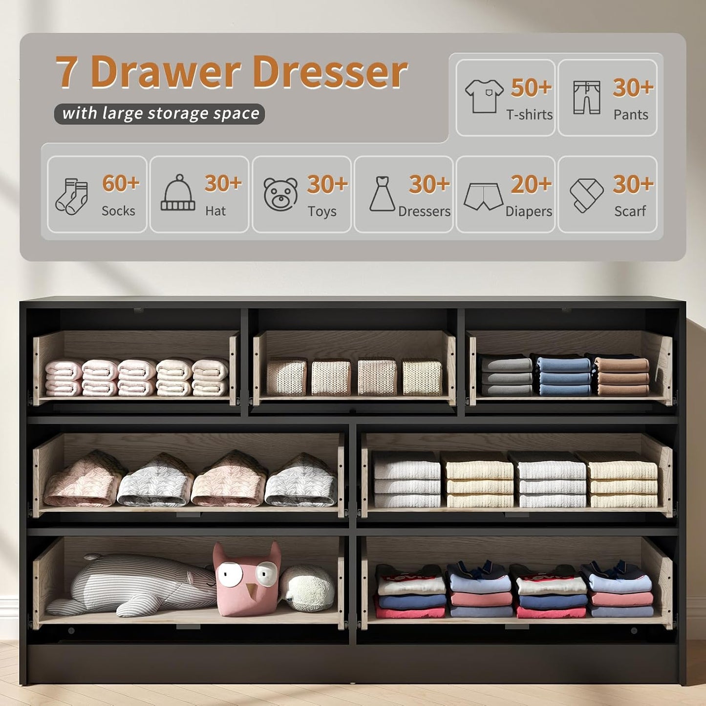 Black Dresser and Nightstand Sets, 7 Drawer Dresser Set for Bedroom 3 Piece, 55” Wide Fluted Wood Dressers W/Metal Handle & Night Stand Set of 2, Modern Bedroom Furniture Sets, Black