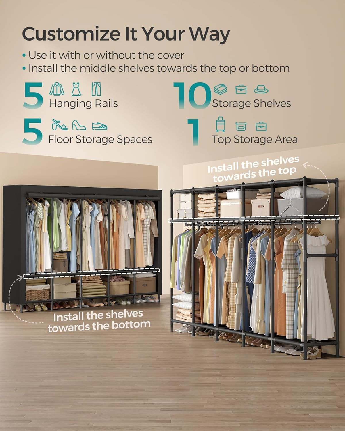 Wardrobe Closet, 83.5 Inch Large Capacity Portable Closet, Clothing Rack, 25 Mm Dia,Thick Steel Tubes, Clothes Organizer with Fabric Cover, 5 Hanging Rails, 10 Shelves, Ink Black URDR095B01