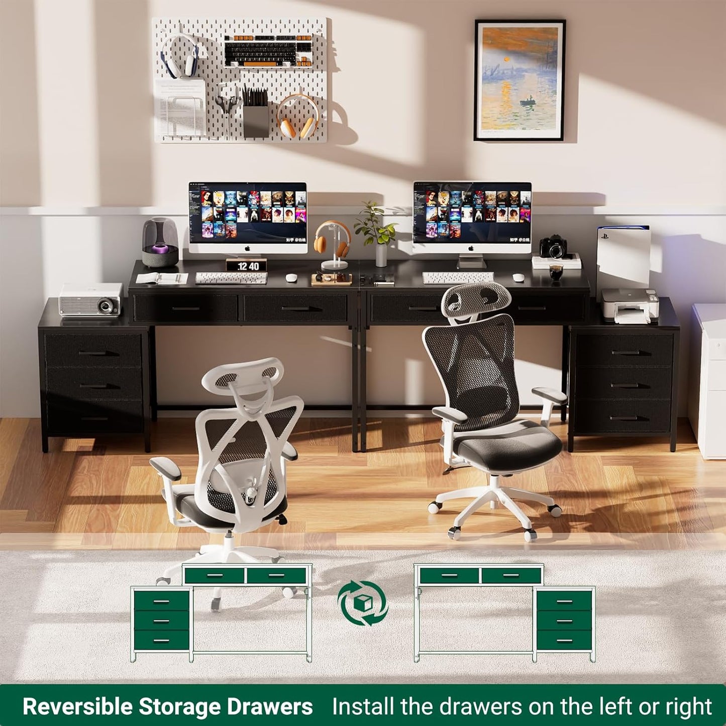 Reversible Computer Desk with 5 Drawers, Sturdy Office Desk with Power Outlets and USB Ports, Corner Writing Table with File Cabinet & Printer Stand, Vanity Desk with Storage, Black
