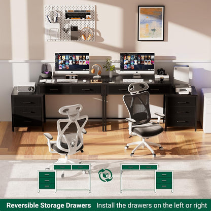 Reversible Computer Desk with 5 Drawers, Sturdy Office Desk with Power Outlets and USB Ports, Corner Writing Table with File Cabinet & Printer Stand, Vanity Desk with Storage, Black