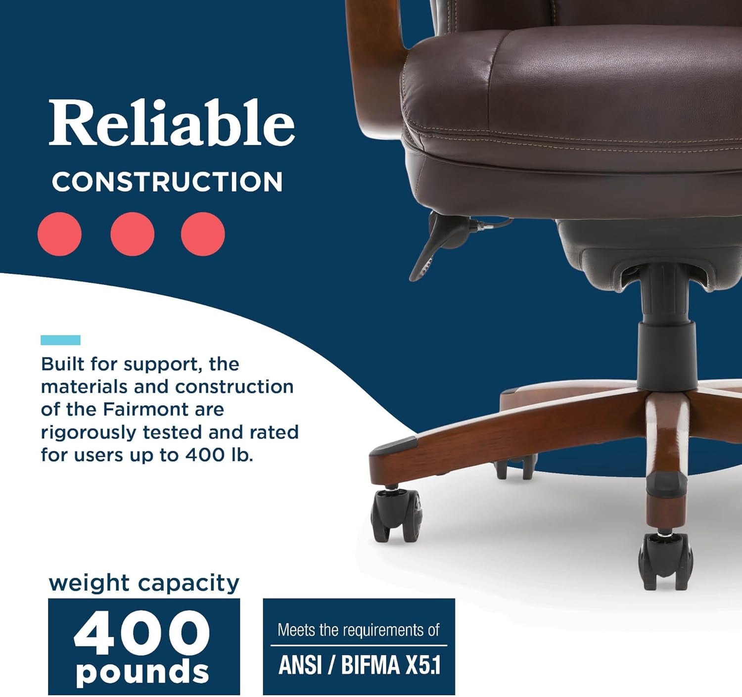 ® Fairmont Big and Tall Executive Office Chair with Memory Foam Cushions, High-Back Swivel Desk Chair with Wood Arms and Base, Bonded Leather, Brown