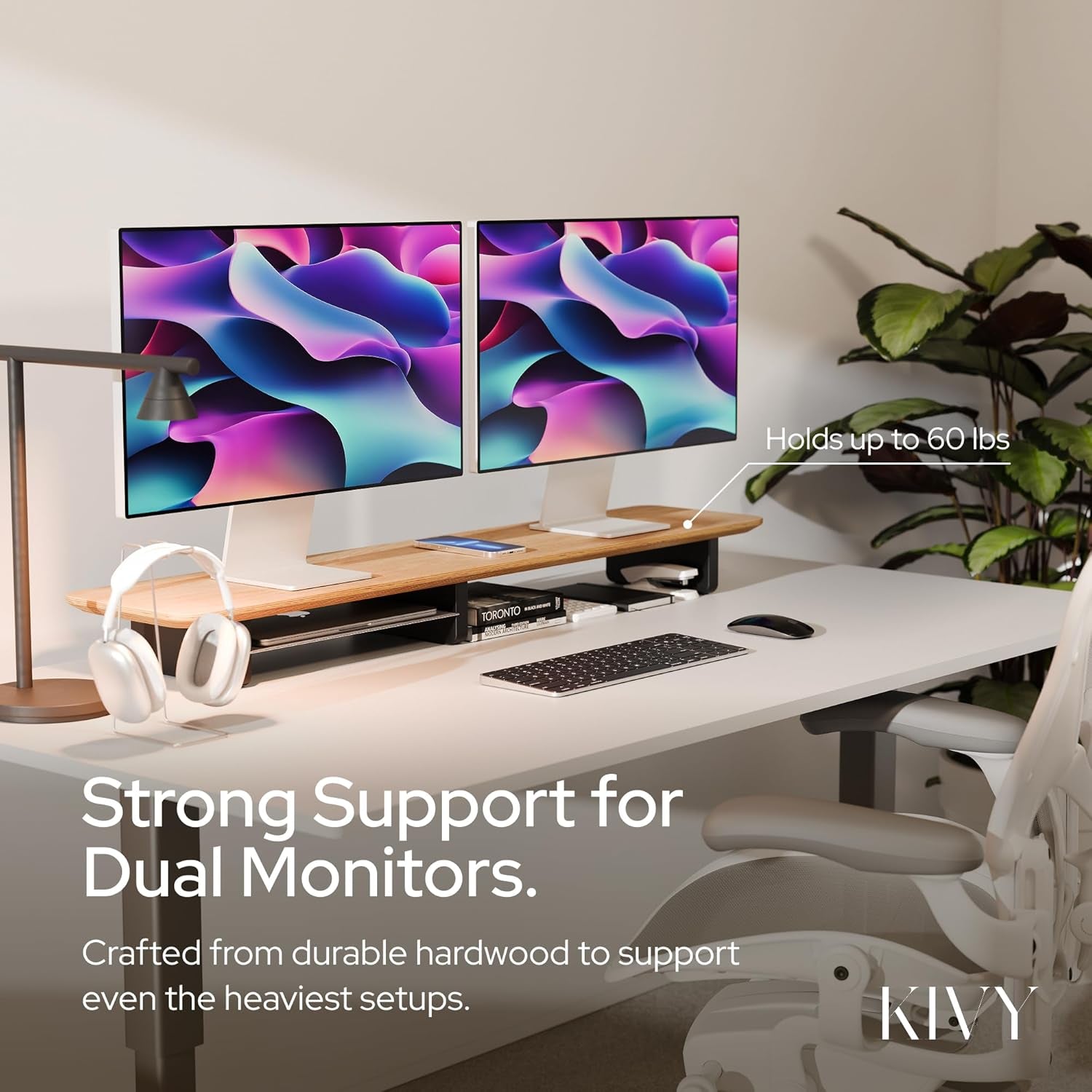 Dual Monitor Riser with Integrated Metal Shelf - Wooden Desk Shelf for Top of Desk - Wood Monitor Stand for Desk 2 Monitors / Tv - Dual Monitor Stand Riser for Desk - Large Walnut Monitor Stand