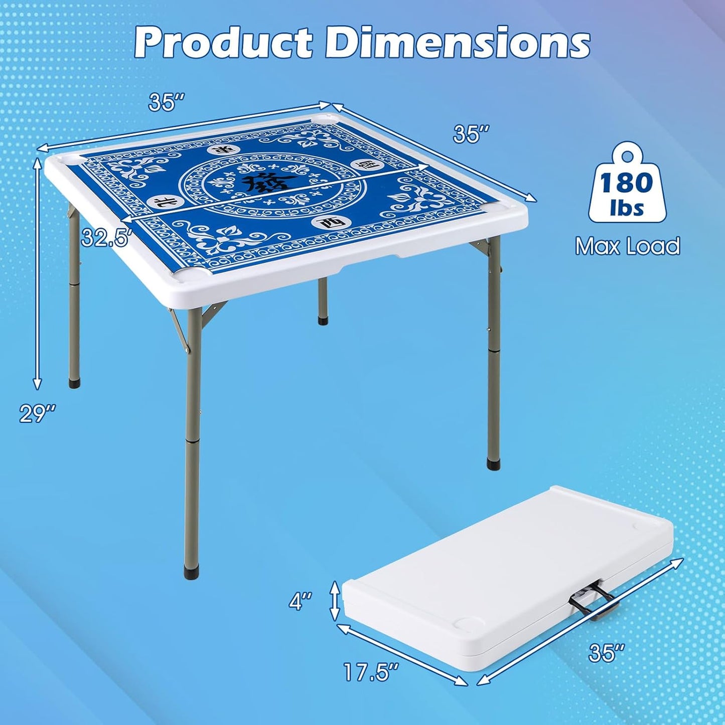 Folding Mahjong Table, 35" Square Card Table with Cup Holders, Removable Noise Reduction Mat, HDPE Tabletop, 4-Player Portable Domino Tables for Poker Blackjack Board Game (Blue)