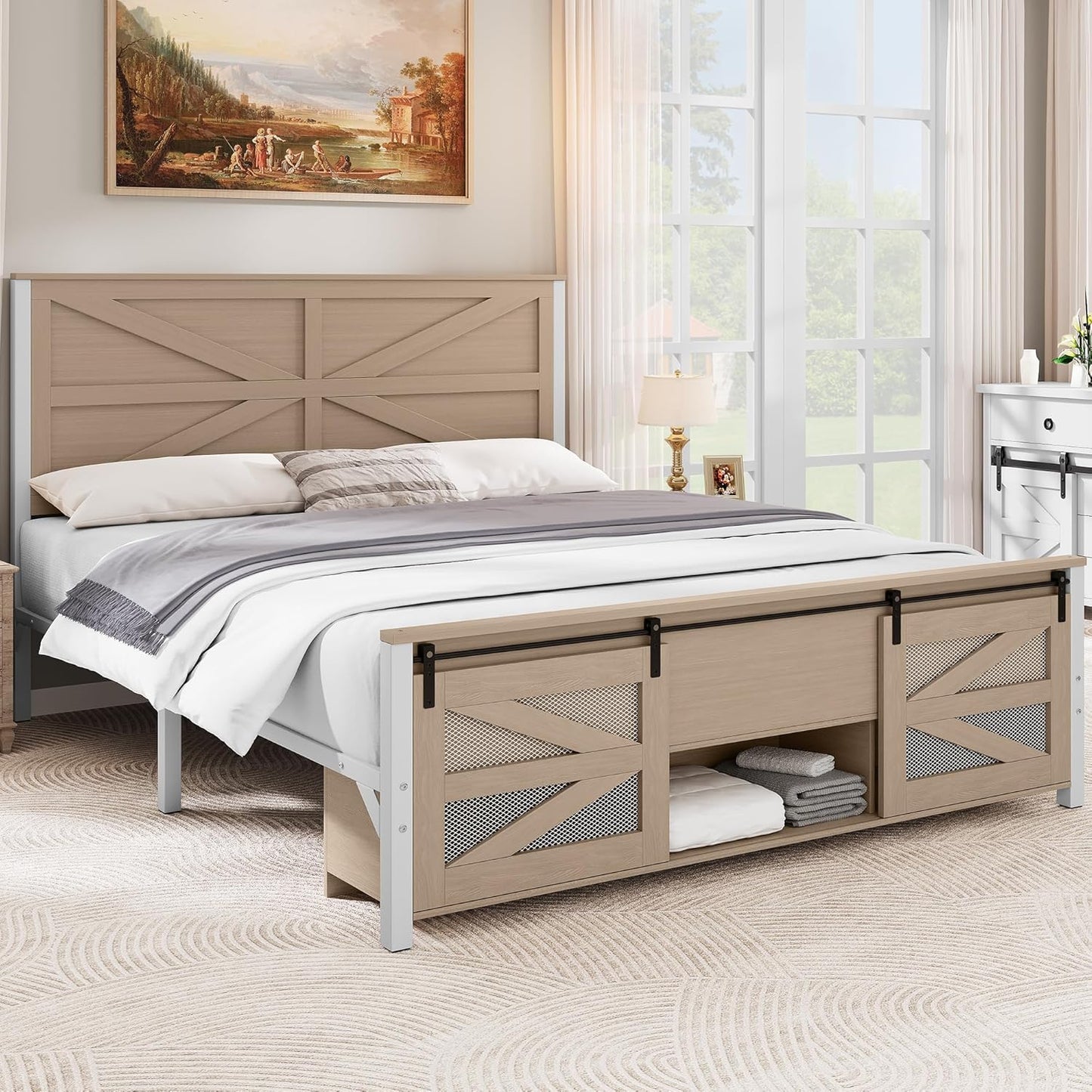 Queen Size Farmhouse Bed Frame with Sliding Barn Door Storage Cabinets, Platform Bed Frame with 47.2" Headboard, Solid Metal Slats Support, Noiseless, No Box Spring Needed, Oak