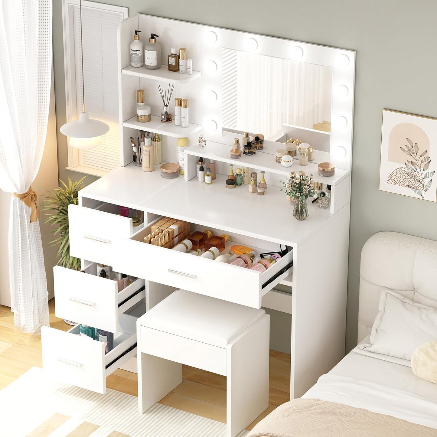 Makeup Vanity Desk with Mirror and Light,Dressing Table Set with 3 Color Modes LED Lights,Large and Three Level Storage Dresser, for Bedroom Dressing Room,White