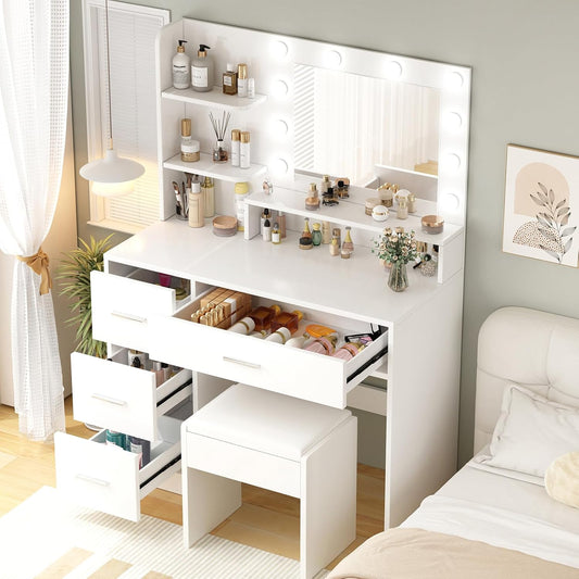 Makeup Vanity Desk with Mirror and Light,Dressing Table Set with 3 Color Modes LED Lights,Large and Three Level Storage Dresser, for Bedroom Dressing Room,White