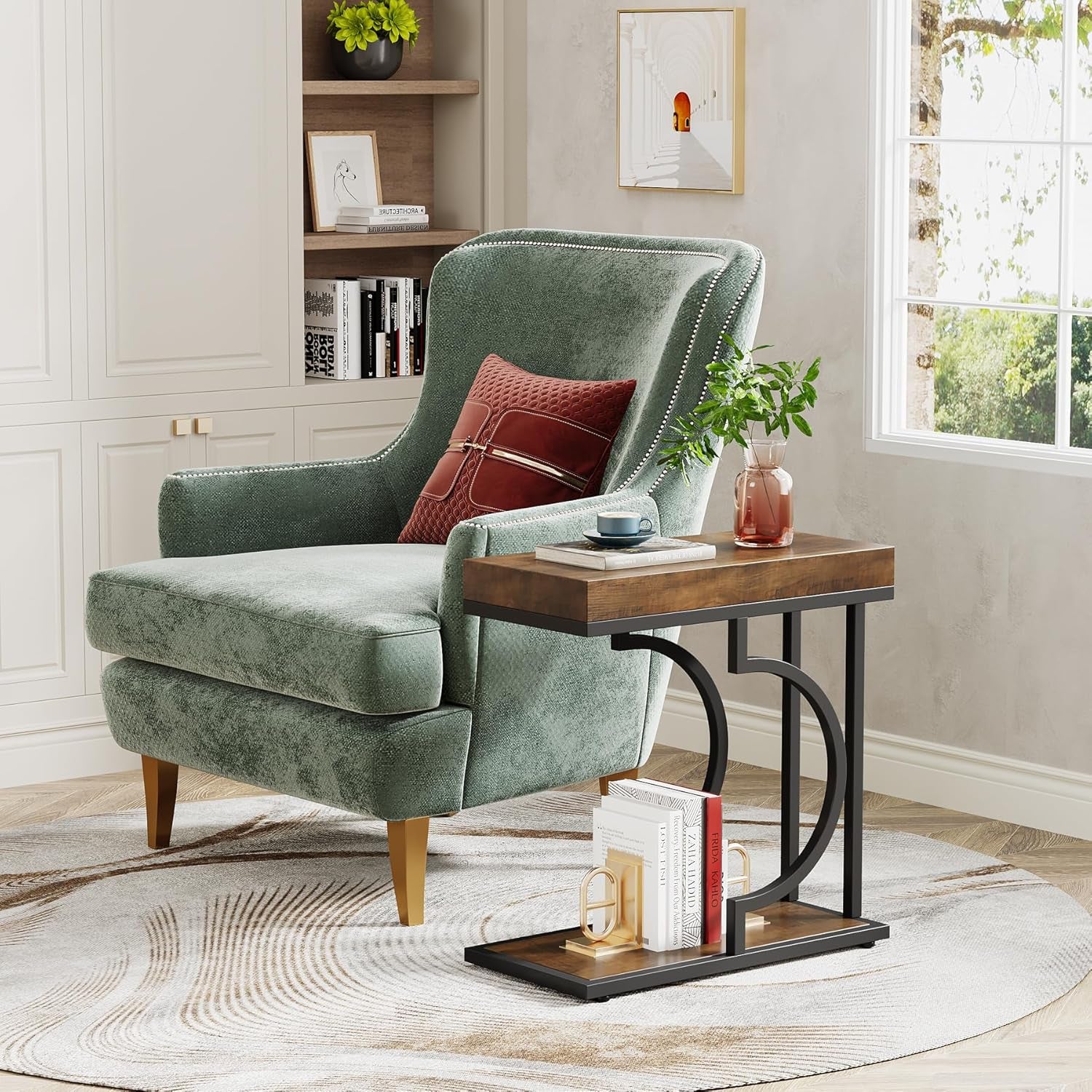 Narrow Side Table Brown Black C Shaped End Table Modern Bedside Tables for Couch, Small Sofa Tables with Metal Frame for Living Room (1, Brown+Black)