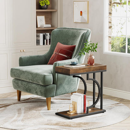 Narrow Side Table Brown Black C Shaped End Table Modern Bedside Tables for Couch, Small Sofa Tables with Metal Frame for Living Room (1, Brown+Black)