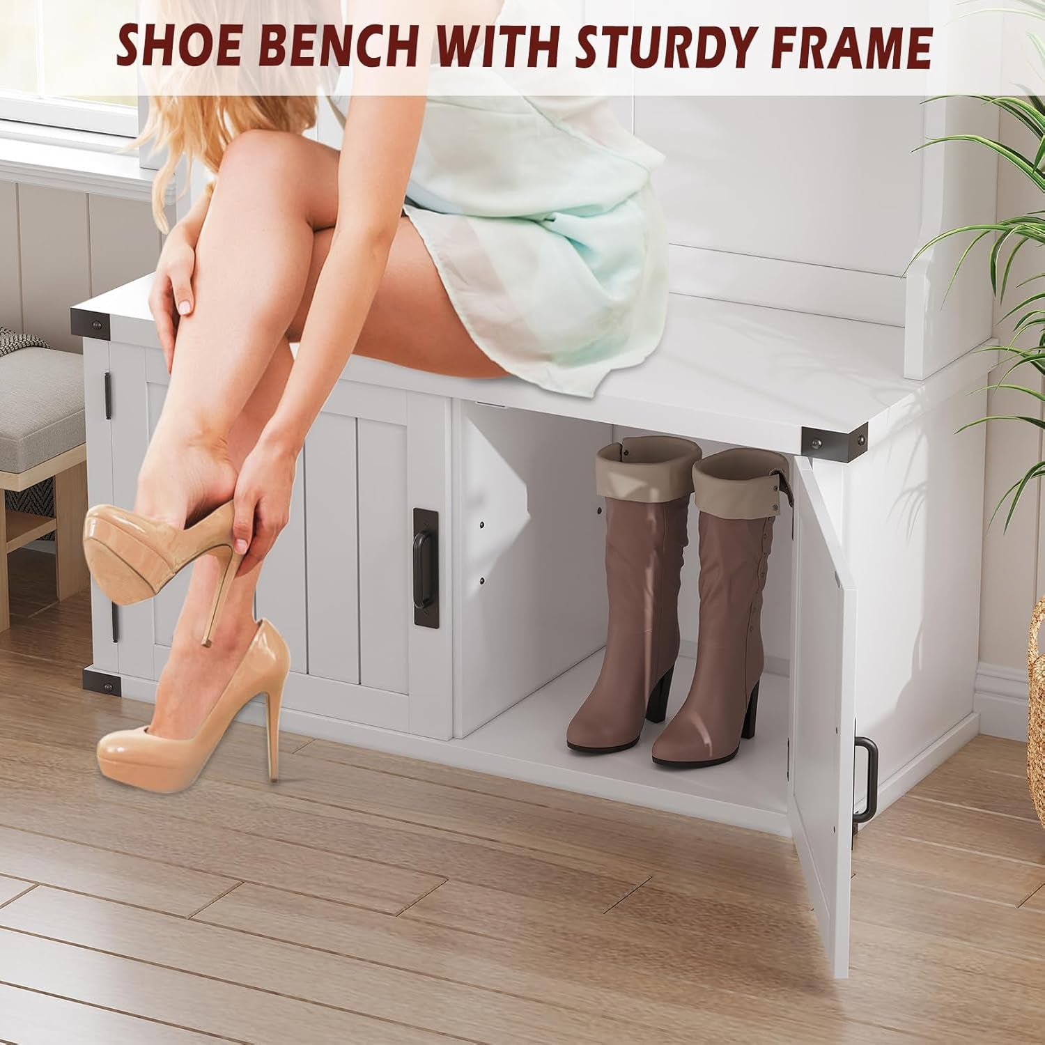 76" Hall Tree with Bench and Shoe Storage, Farmhouse 4-In-1 Entryway with Coat Rack & 5 Tri-Hooks, Adjustable Shelf, White Mudroom Bench with Storage Seating, Space Saving, White