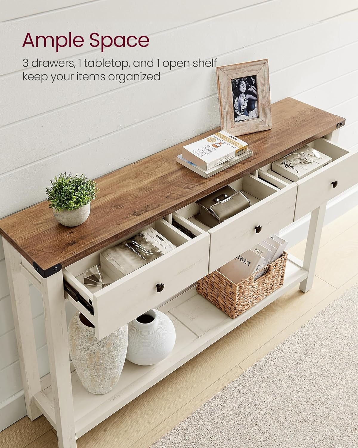 Console Sofa Table, Narrow Entryway Table with 3 Drawers, Open Storage Shelf, Metal Corners, for Living Room, Farmhouse Style, Honey Brown and Rustic White ULNT142W73