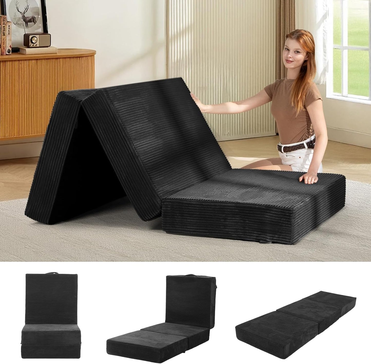 6-Inch Tri-Fold Mattress Single Size - Foldable Futon Sofa Bed with Removable Washable Cover, Folding Memory Foam Futon Mattress | Non-Slip Bottom & Carry Handles for Guest, Camping, Dorm