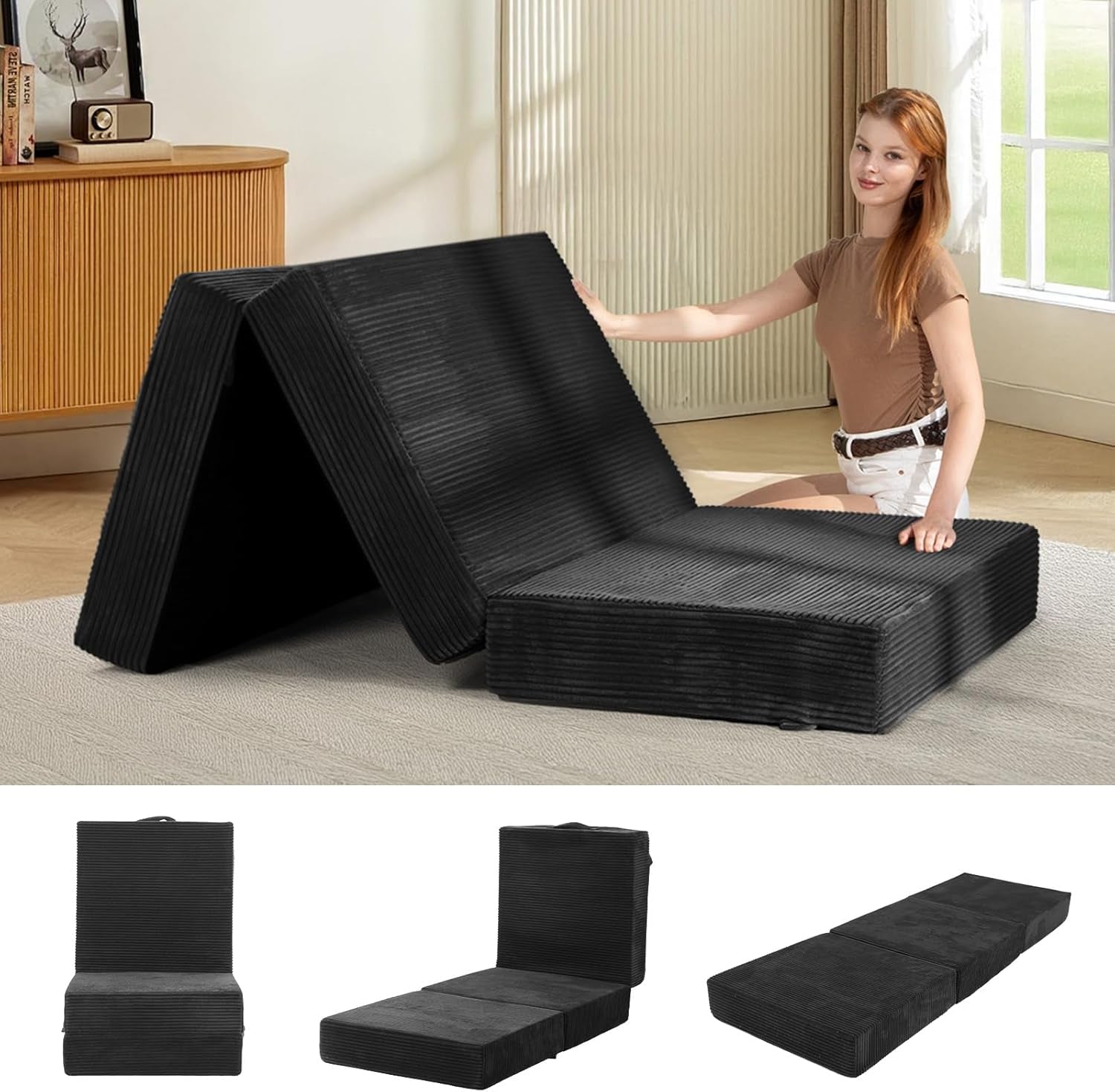 6-Inch Tri-Fold Mattress Single Size - Foldable Futon Sofa Bed with Removable Washable Cover, Folding Memory Foam Futon Mattress | Non-Slip Bottom & Carry Handles for Guest, Camping, Dorm