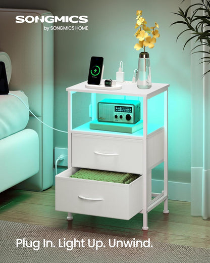 BELLAH Collection - Nightstand with Charging Station and App-Controlled Adjustable LED Lights, Bed Side Table, 2 Drawer and 1 Open Shelf, Bedroom, Cloud White and Snow White ULGS302WH01S