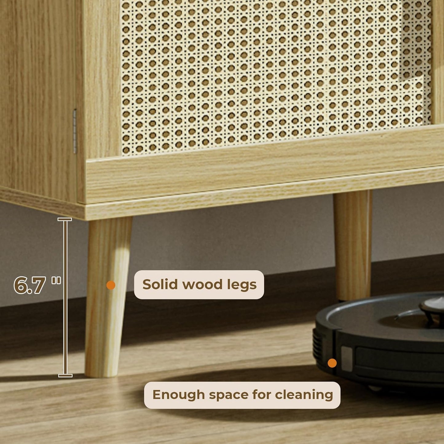 Boho TV Stand for 65 Inch TV, Entertainment Center with Adjustable Shelf, Rattan TV Console with 2 Cabinets, Media Console, Solid Wood Feet, 4 Cord Holes, for Living Room - Natural, 8782T