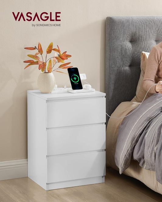 Nightstand with Charging Station, 2 AC Outlets and 2 USB Ports, Bedside Table, Side Table with 3 Drawers, Modern Style, 13.8 X 15.7 X 23.2 Inches, Cloud White ULET631W16