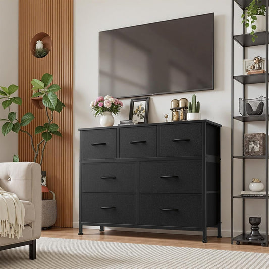 7 Drawer Dresser with Fabric Bins Fabric Storage Tower Organizer for Bedroom Closet Hallway Entryway Tall Chest of Drawers with Steel Frame Wood Top Easy Pull Handles,Black