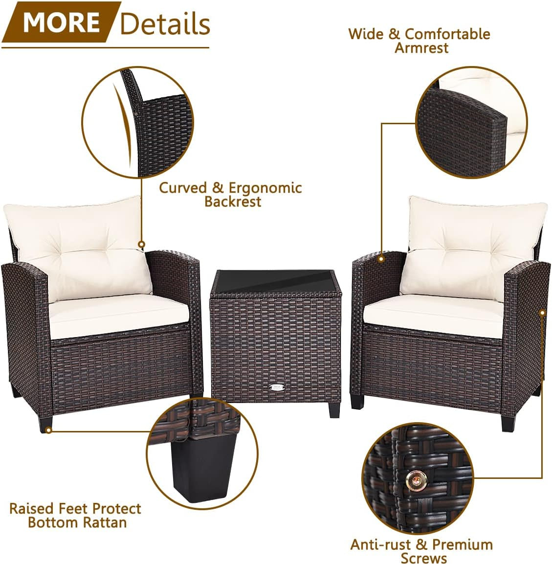 3 Piece Patio Furniture Set, Outdoor Conversation Set with Washable Cushions & Tempered Glass Tabletop, PE Rattan Wicker Bistro Set for Porch, Garden, Balcony (White)