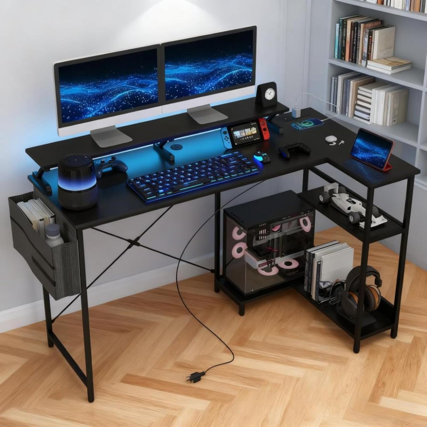 Reversible L Shaped Computer Desk with Built-In Charging Station and RGB LED Light, Home and Office Corner Desk with Ergonomic Monitor Stand