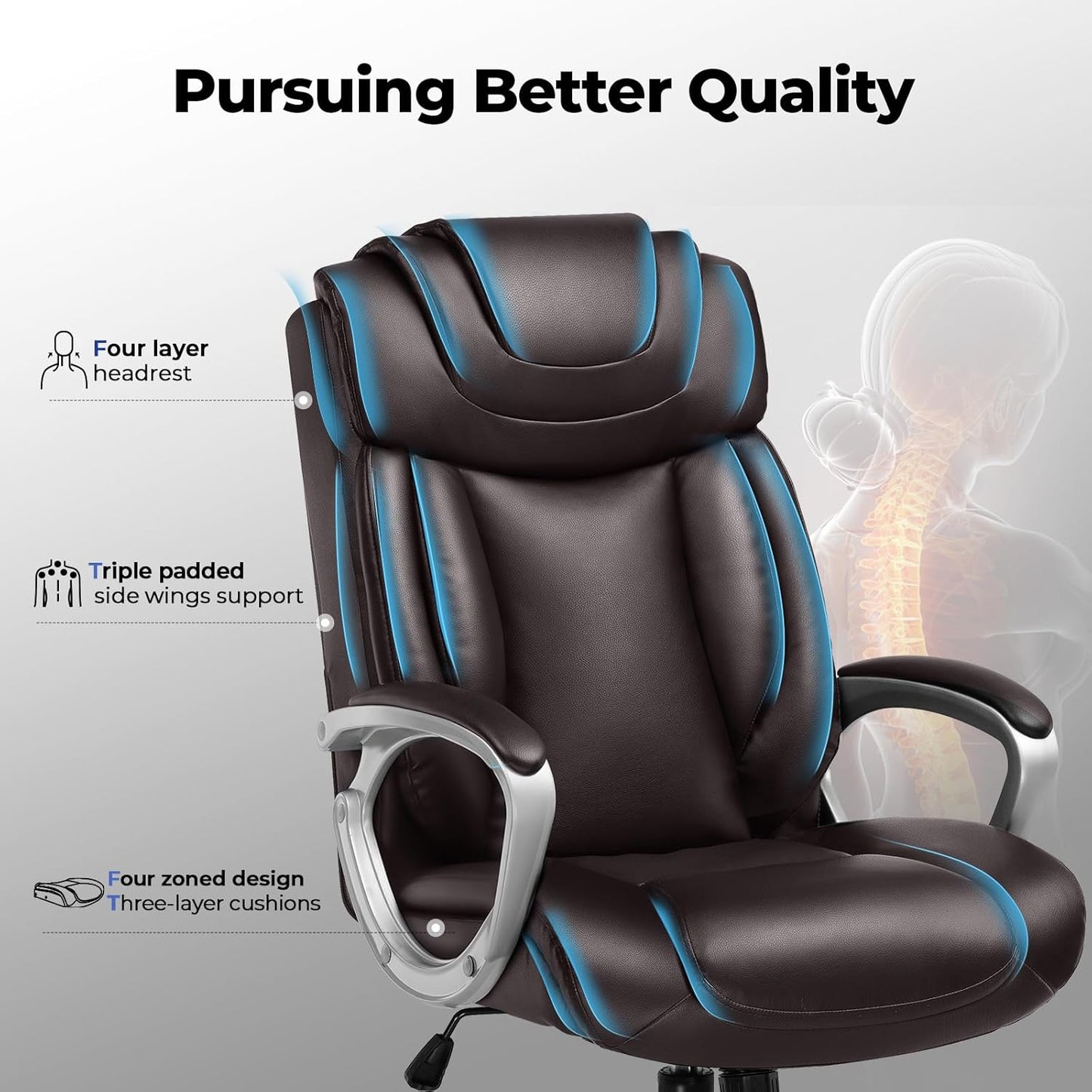 Ergonomic Office Chair Wheels Home Office Desk Chairs Comfy Back Support PU Leather Executive Office Chair with Headrest Padded Armrests Height Adjustable Tilt Swivel Rolling Reclining Seat