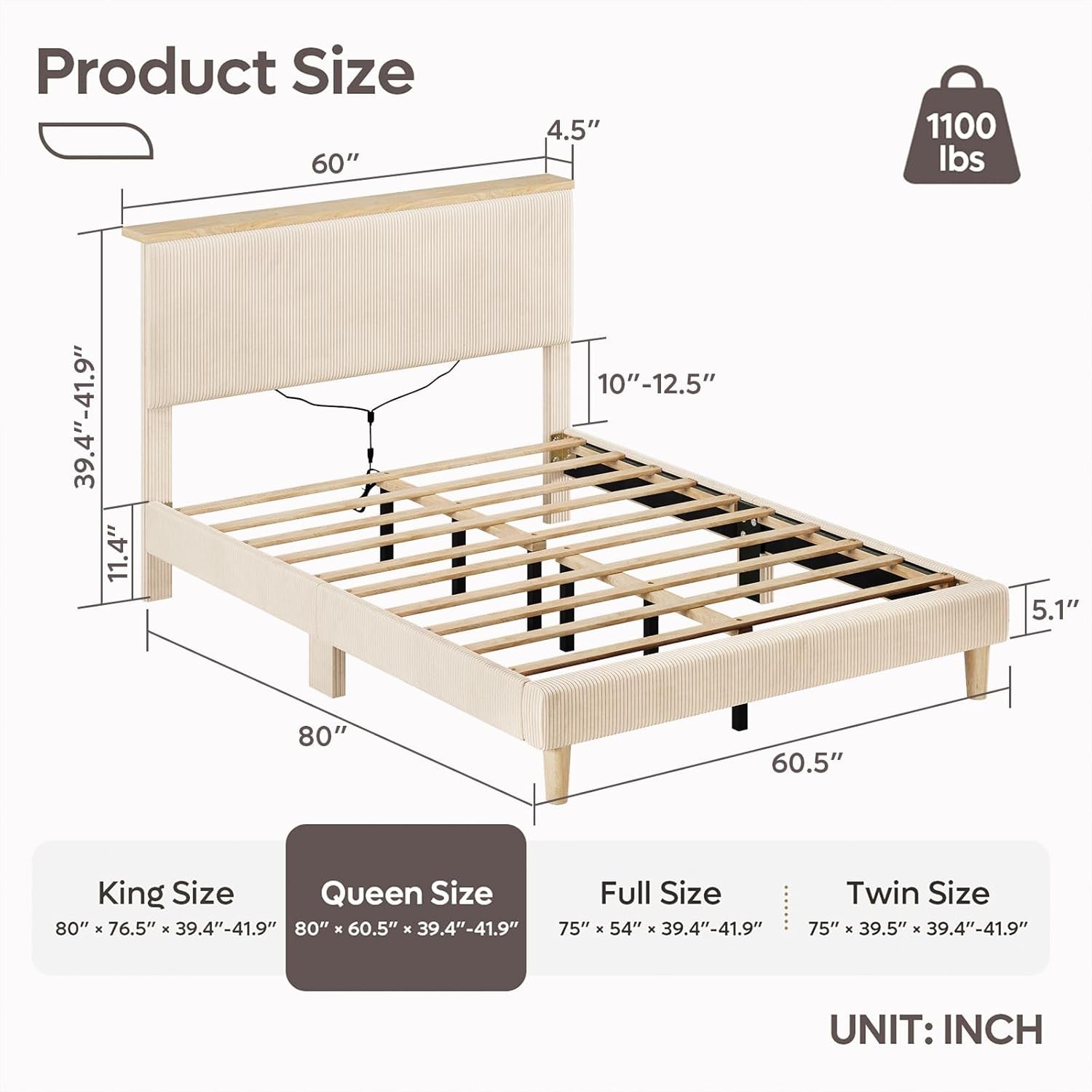 Queen Bed Frame with Adjustable Headboard & Ledlighting, Corduroy Upholstered Platform Bed Frame Withstorage Shelf, Solid Wood Slats, No Box Spring Needed,Never Squeak, Easy Assembly, Beige