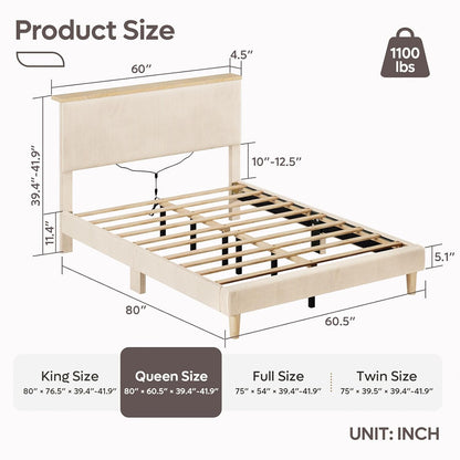 Queen Bed Frame with Adjustable Headboard & Ledlighting, Corduroy Upholstered Platform Bed Frame Withstorage Shelf, Solid Wood Slats, No Box Spring Needed,Never Squeak, Easy Assembly, Beige