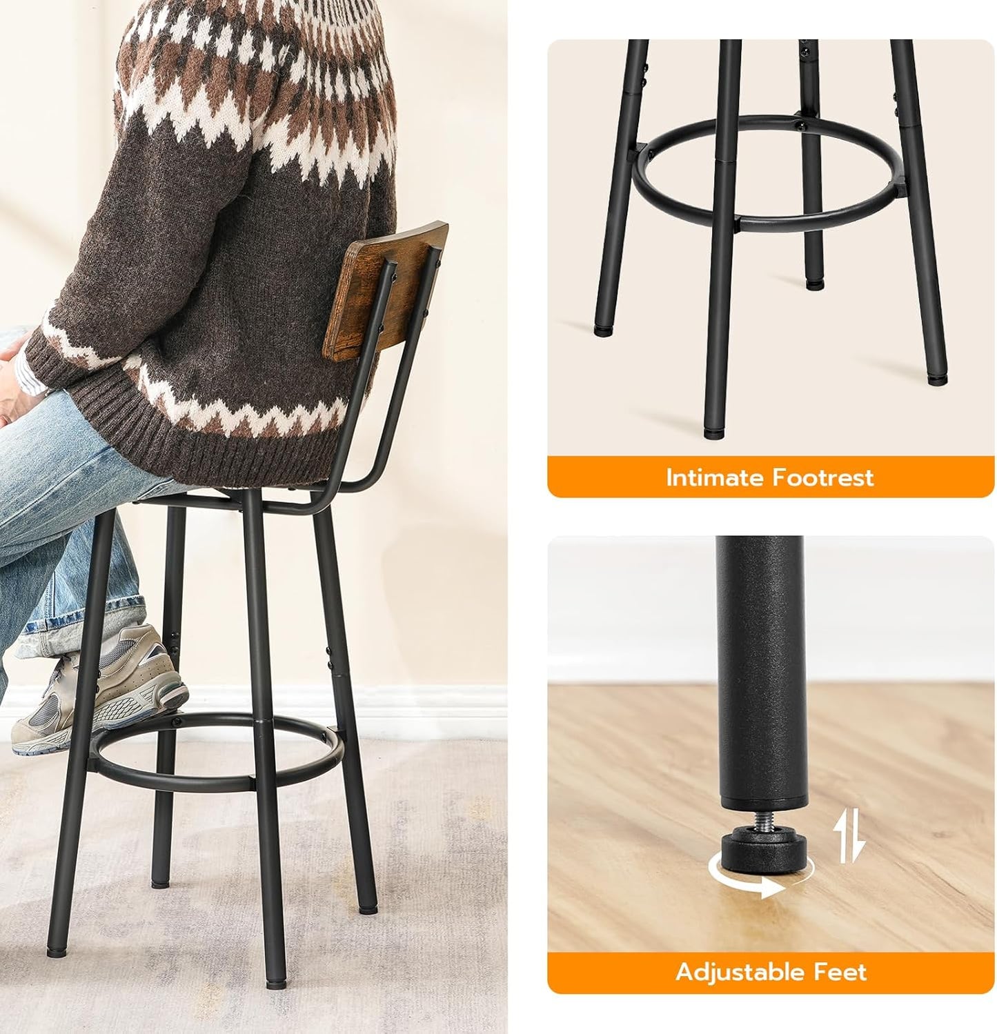 3 Pieces round Bar Height Table and Chairs Set, round Dining Table Set, Pub Table and Chairs for Small Space, 2 Tier Kitchen Table and Bar Stools with Back, Rustic Brown BF35BT01