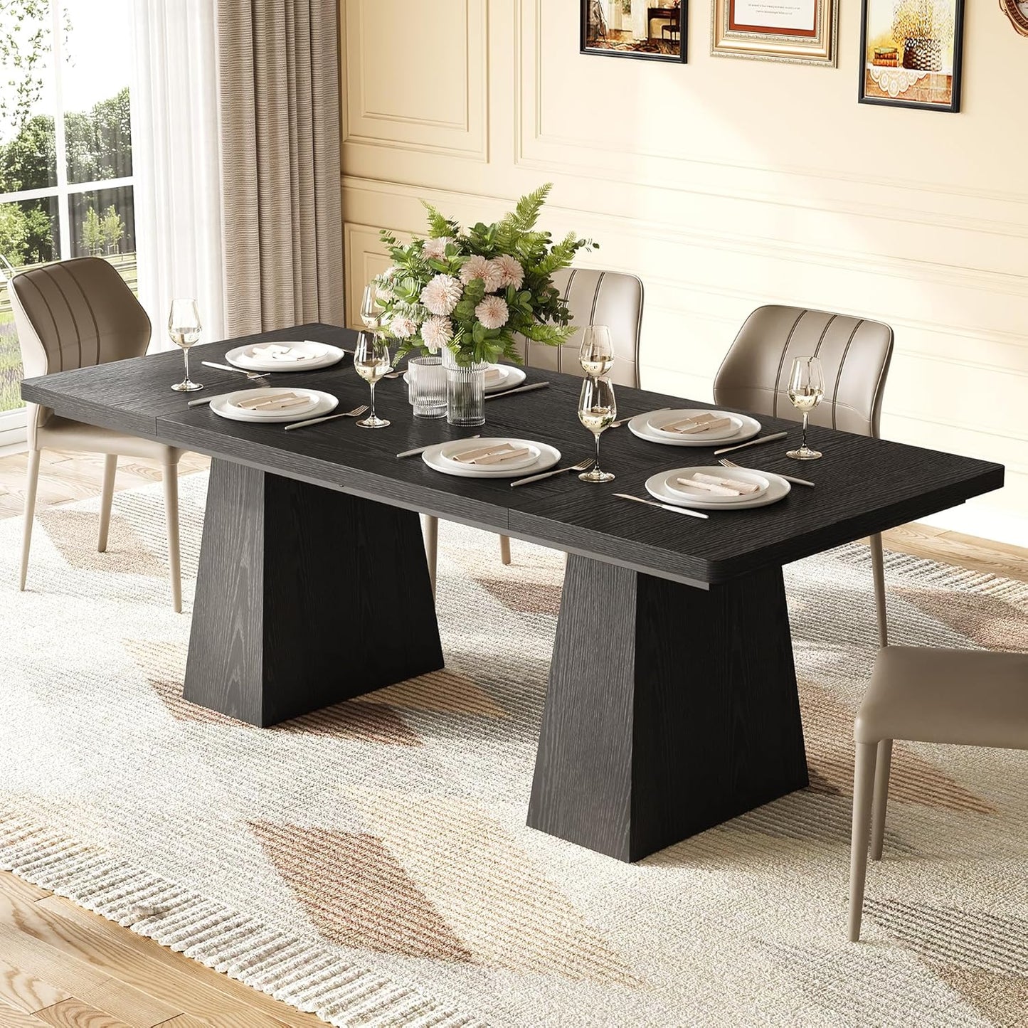 Dining Table for 4-6 People, Wooden Table, Rectangle Furniture with Heavy Duty Legs, Modern Kitchen Table for Home, Dining Room, Black