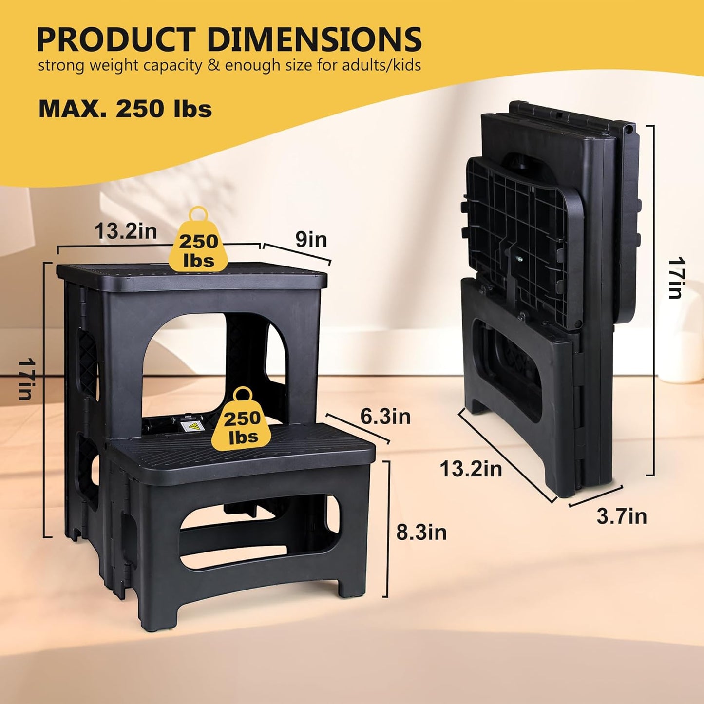 Folding 2-Step Stool, Non-Slip Portable Footstool 8'' & 17'' Dual Heights, Holds 300 Lbs, Portable Footstool for Kitchen Home Toilet Bedroom Office Bathroom Rv(Black)
