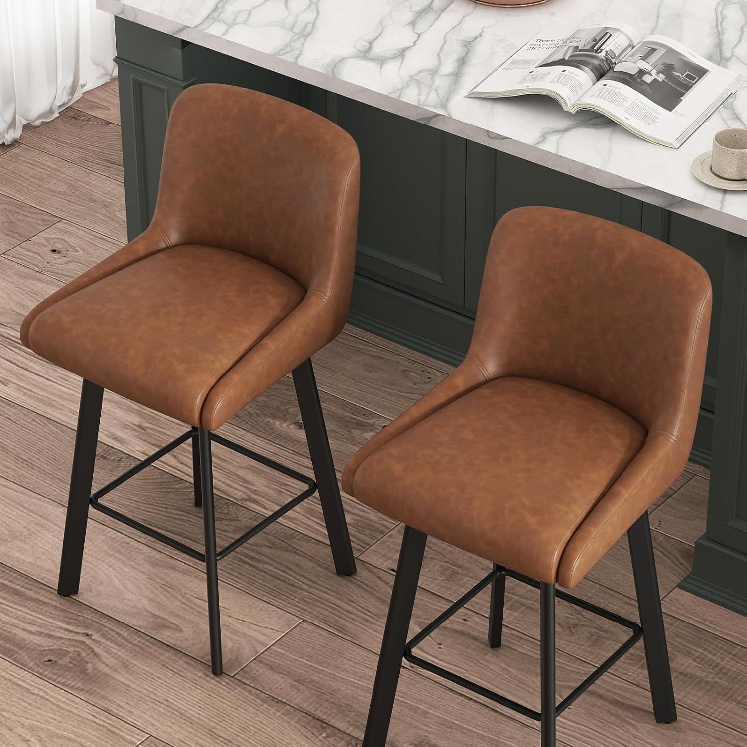 Swivel Bar Stools Set of 3, 26''H Upholstered Barstools with Backs, Modern Counter Height Bar Stool Chairs for Kitchen Island, Metal Legs, Faux Leather, Brown Counter Stools