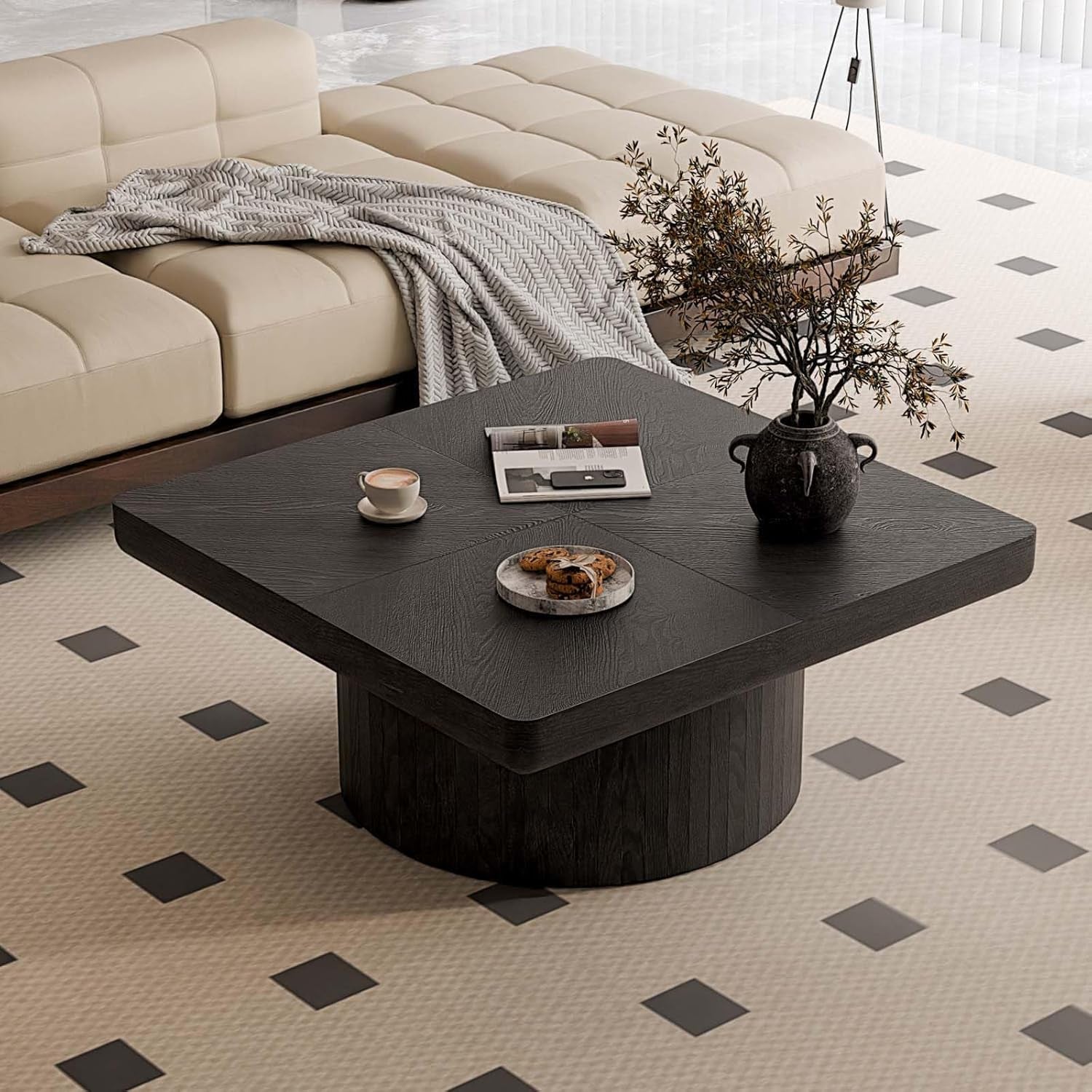 Modern Square Coffee Table with Cylindrical Base, Wood Coffee Table with Parquet Pattern & Thickened Tabletop, Center Table Tea Table for Living Room Apartment, 34.6''L×34.6''W×14.9''H, Black