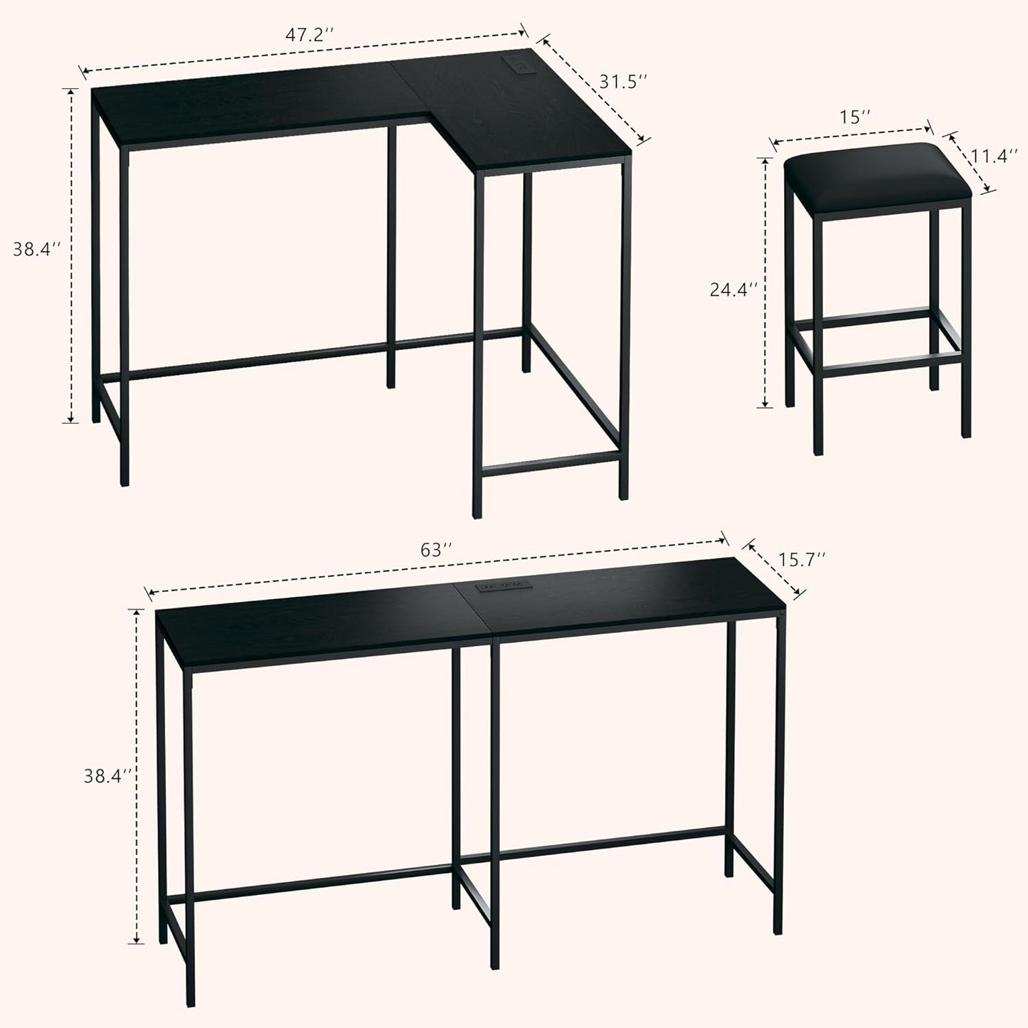 Bar Table and Chairs Set for 2-4, 63'' Convertible L-Shaped Kitchen Table with Power Outlets, 3 Piece Counter Height Small Dining Table with 2 Stools, Space Saving, Breakfast Nook Corner, Black