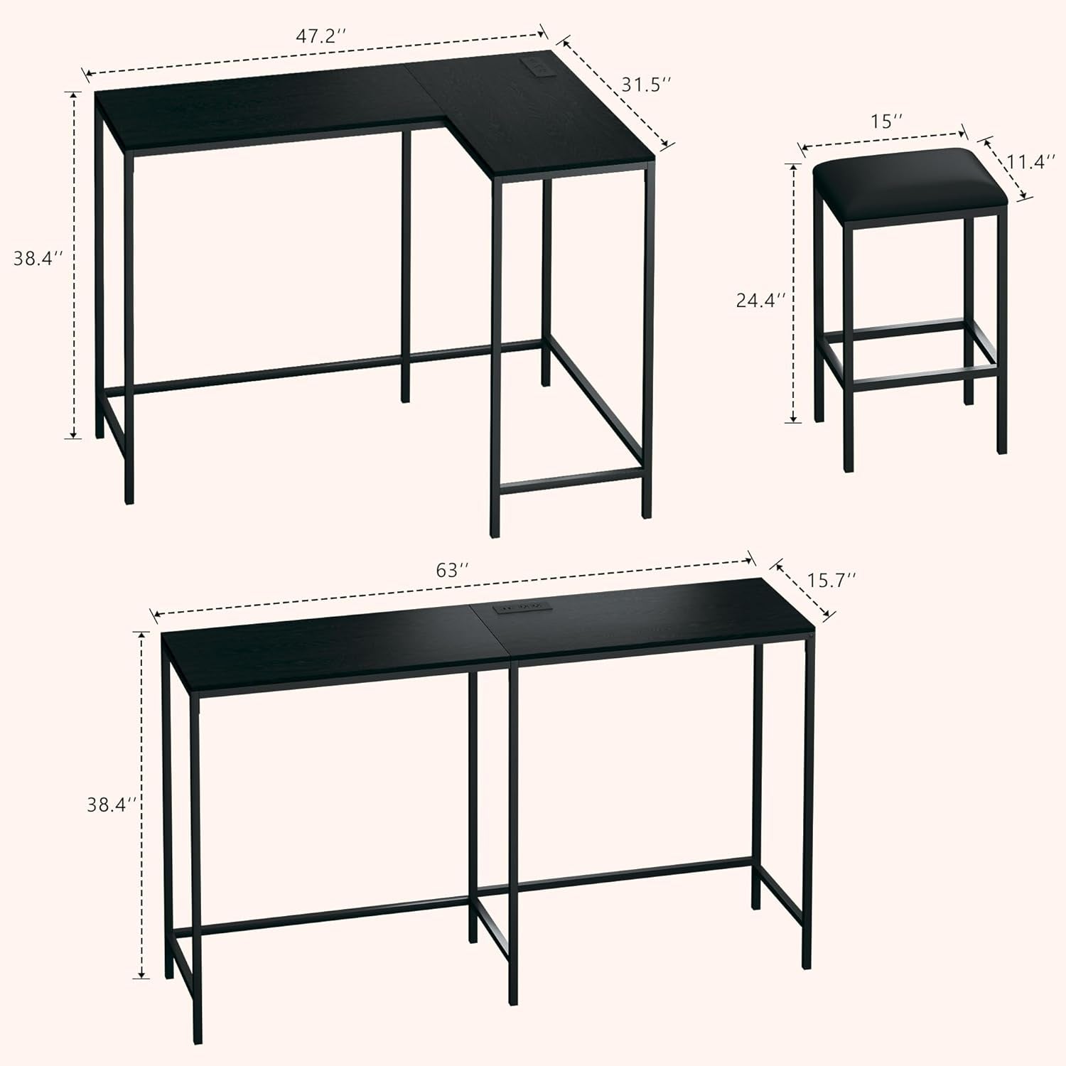 Bar Table and Chairs Set for 2-4, 63'' Convertible L-Shaped Kitchen Table with Power Outlets, 3 Piece Counter Height Small Dining Table with 2 Stools, Space Saving, Breakfast Nook Corner, Black