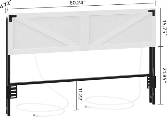 Queen Size Headboard Only, Headboard with 2 Outlets and 2 USB Ports, Farmhouse Headboard, with LED Lights, Secure Storage with Raised Fence, with Bed Frame Adapter, White and Black