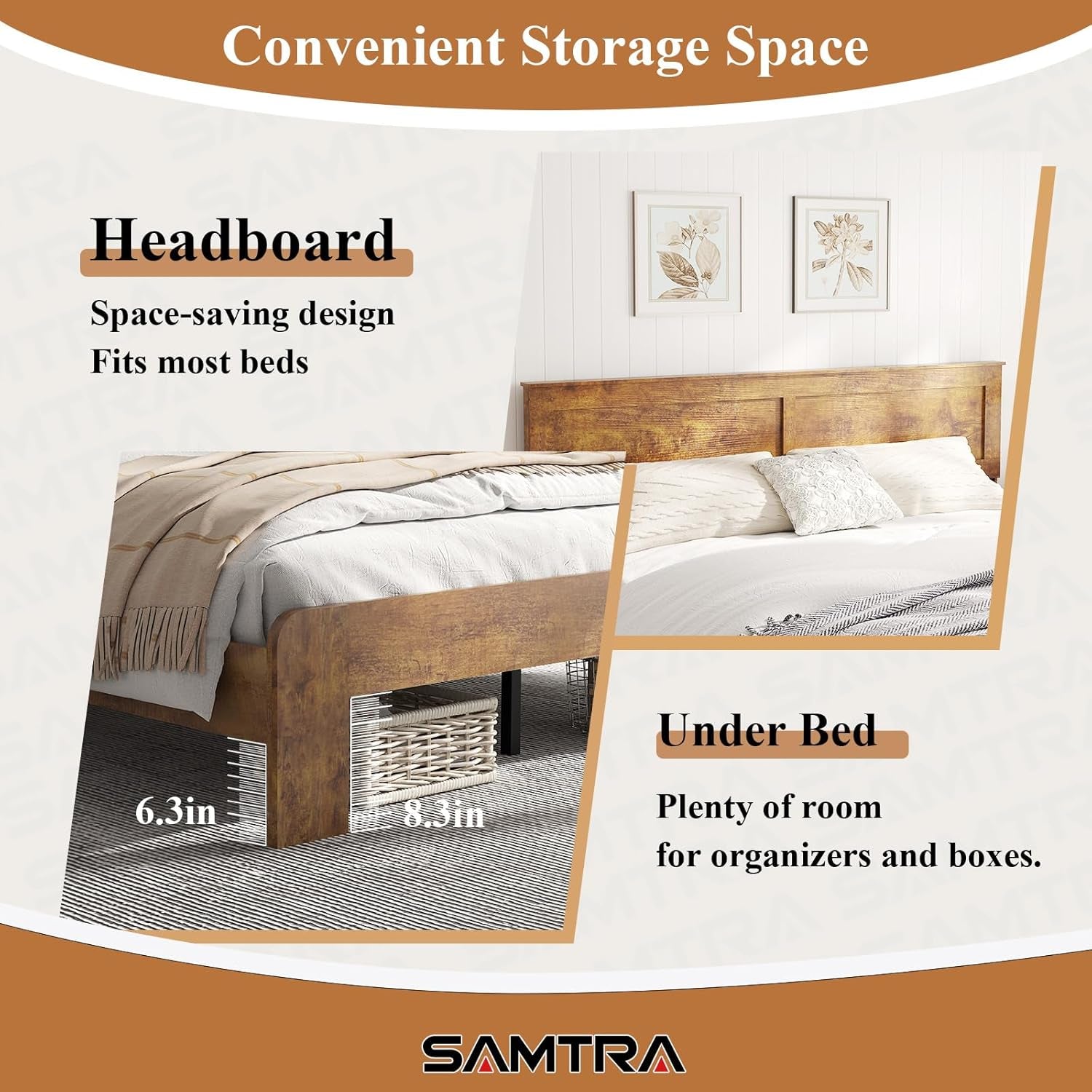 Wooden Bed Frame King Size with Headboard, Farmhouse Platform Bedframe with Wood Slat Support, Sturdy Framework Bed Frame, Easy Assembly (Rustic Brown)