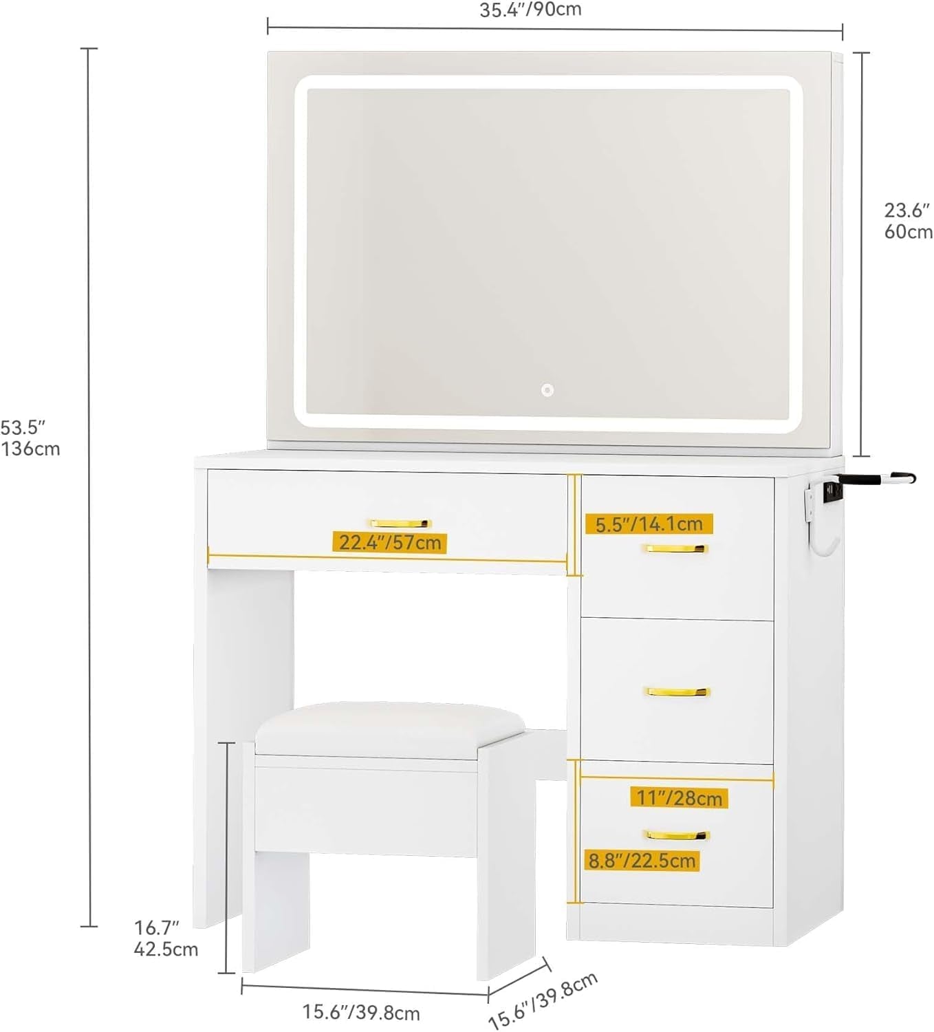 Makeup Vanity with Large Mirror and LED Lights, Vanity Desk Set with Power Outlet & Chair & 3 Lighting Colors, 4 Drawers, Dressing Table Stool Set for Dressing Room, Pearl White