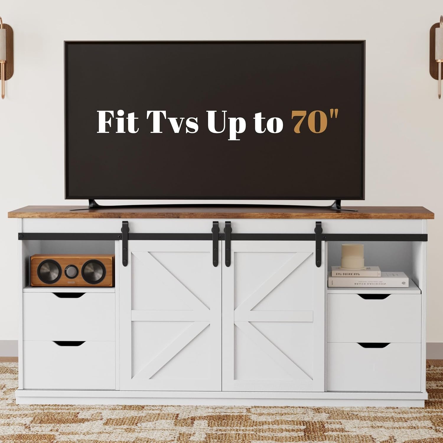 TV Stand for Televisions up to 65 Inchs, with Sliding Barn Doors and 4 Storage Drawers, Console Table and Media Furniture for Living Room, 58 Inch, Milk White