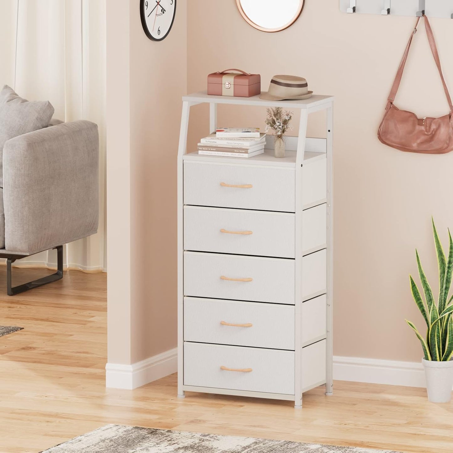 White Dresser with 5 Drawers, Vertical Storage Tower Fabric Dresser for Bedroom, Hallway, Entryway, Nursery, Closet Organizer, Nightstand Bedside Table Furniture, Sturdy Steel Frame, Wood Top