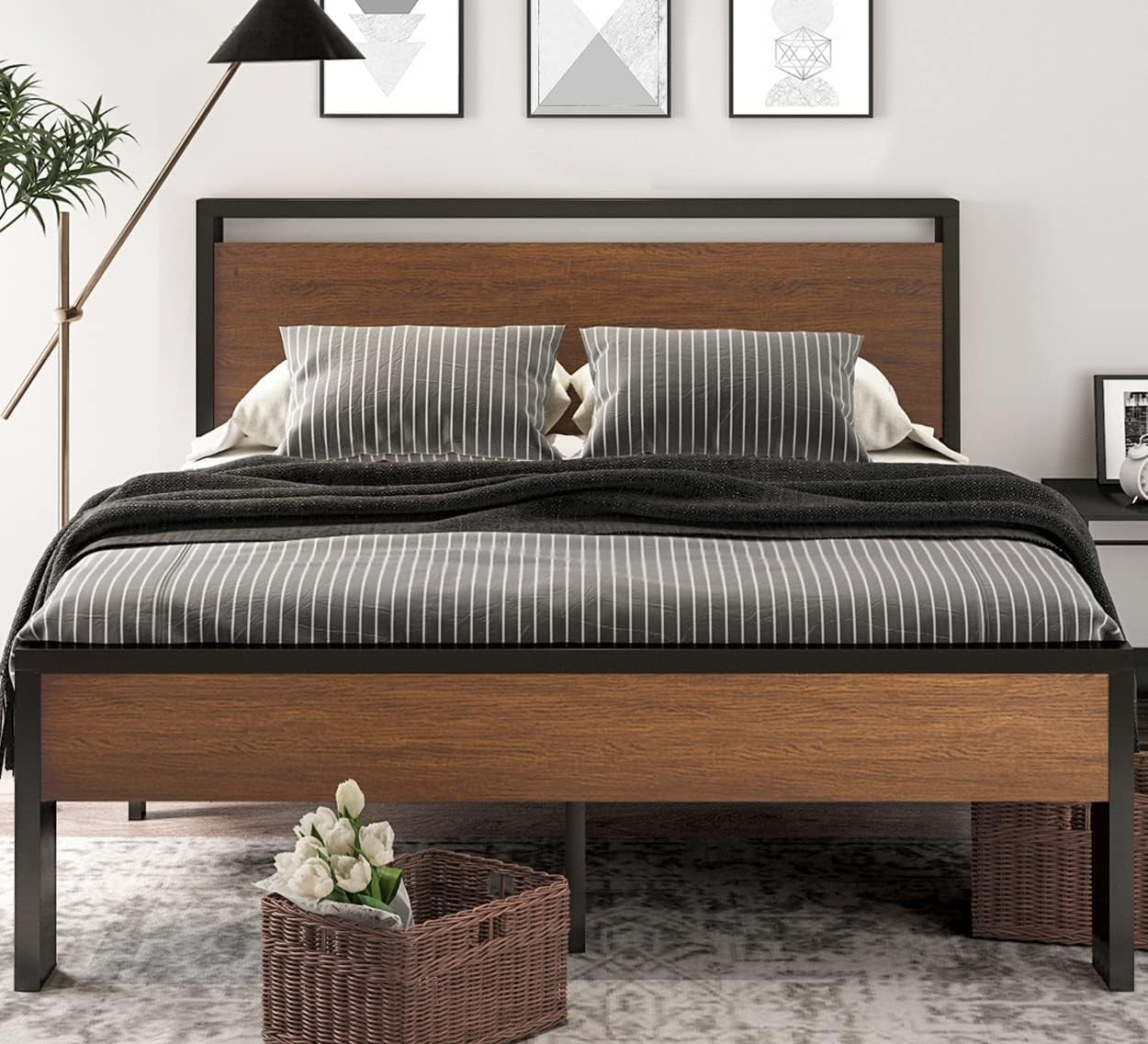 14 Inch Queen Size Metal Platform Bed Frame with Wooden Headboard and Footboard, Mattress Foundation, No Box Spring Needed, Large under Bed Storage, Non-Slip without Noise, Walnut