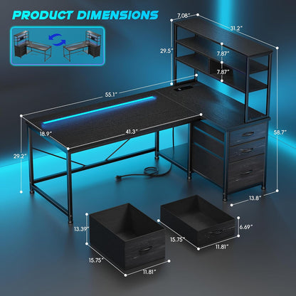 55''Gaming Desk L Shaped Desk with 3 Fabric Drawers & Shelf, Reversible Computer Desk with Remote LED Lights, Power Outlet of Home Office Desk for Bedroom,Dorm,Black