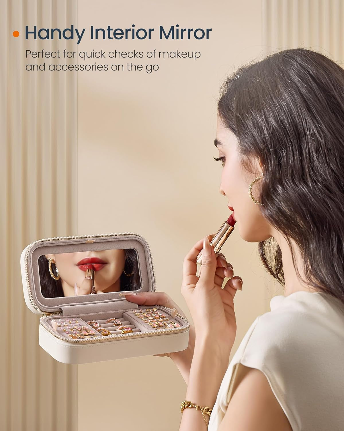 HOME Travel Jewelry Case, Small Jewelry Box Organizer with Mirror, 4.1 X 8 X 2.4 Inches, PU Surface with Stitching, Portable, Cloud White, ANAH Collection UJBC180W01