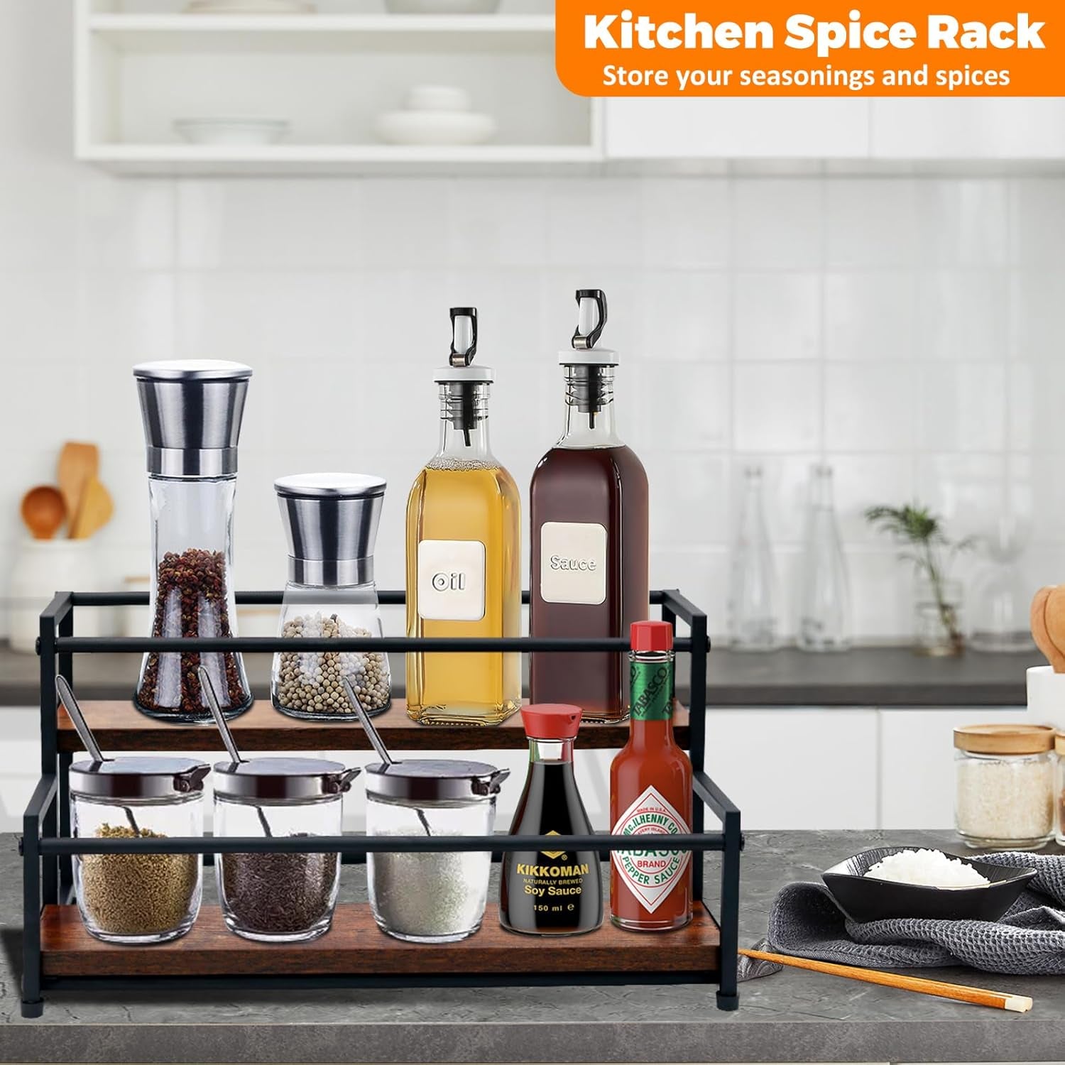 Coffee Syrup Rack Organizer - 2-Tier 10 Syrup Bottles Holder for Coffee Bar, Liquor Bottle Display Shelf - Rustic Kitchen Cabinet for Spices, Jars - Stepped Pantry Shelf for Syrup, Wine, Tea & Coffee