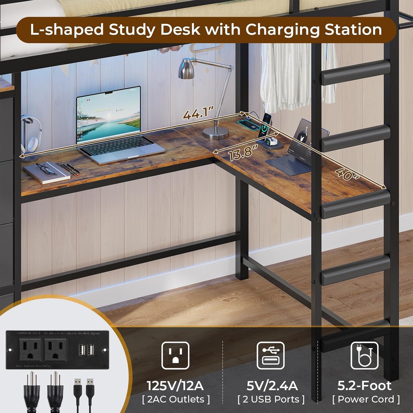 Twin Loft Bed with L-Shaped Desk and 7 Storage Drawers,Metal Twin Size Loft Bed for Kids with LED Lights and Charging Station,13.11" H Safety Guardrail and Ladder,No Box Spring Needed, Black