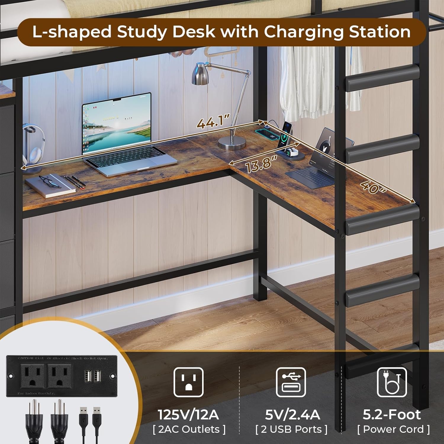 Twin Loft Bed with L-Shaped Desk and 7 Storage Drawers,Metal Twin Size Loft Bed for Kids with LED Lights and Charging Station,13.11" H Safety Guardrail and Ladder,No Box Spring Needed, Black