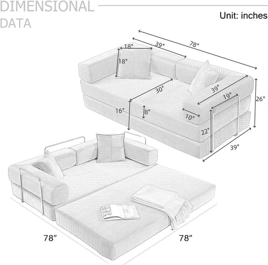 78 Inch Convertible Sleeper Sof Bed, Folding Floor Mttress Couch with Fixed-Shpe Frme, Futon Boneless Couch Lounge Loveset with Pull Out Bed, No ssembly Required (Beige)