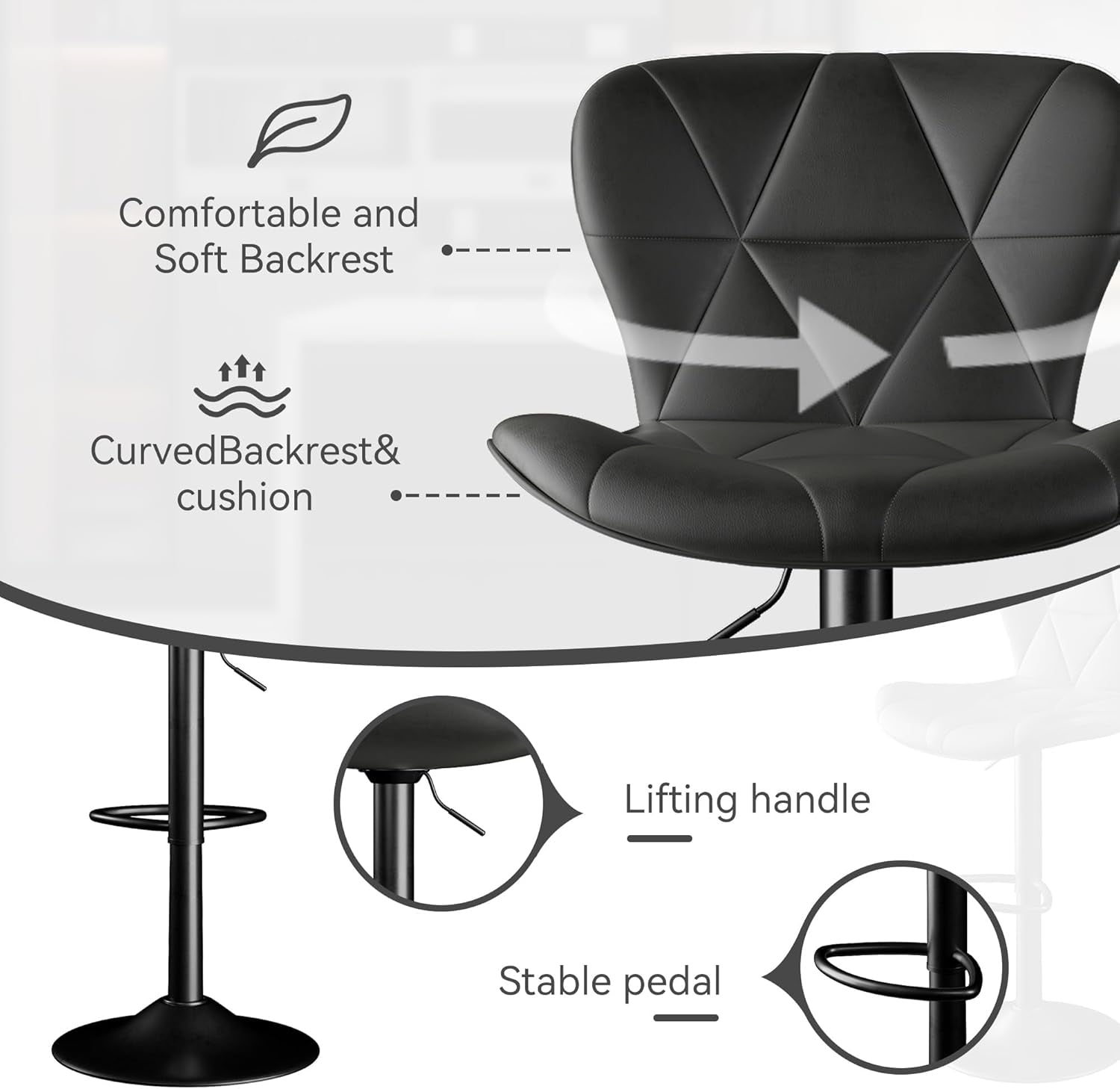 Bar Stools Set of 2,Adjustable Swivel Barstools, Faux Leather Bar Chairs,Upholstered Counter Height with High Backrest for Kitchen Island, Black