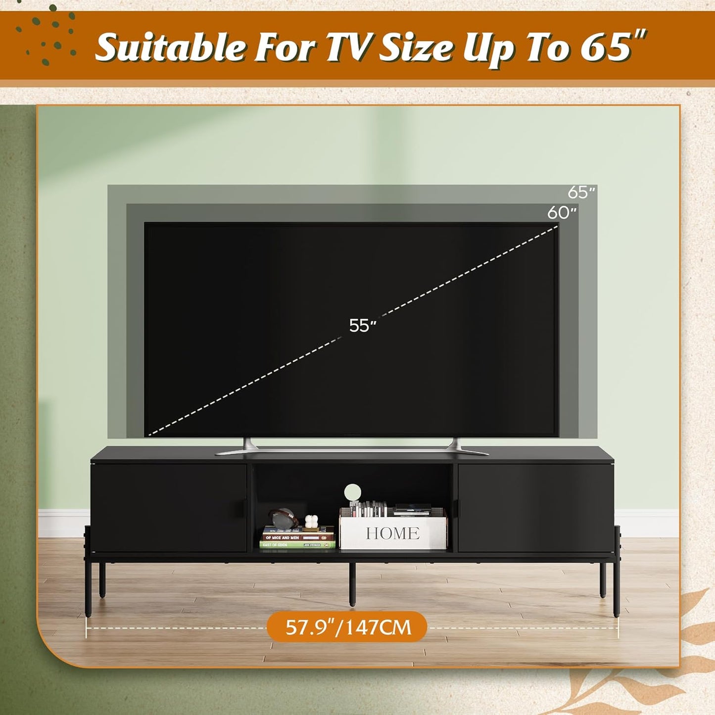 Modern TV Stand for 65 Inch TV, Mid Century Entainment Center with Storage, TV Console with Open Shelf and 2 Cabinets for Bedroom and Living Room, TV Cabinet with Metal Legs, Black