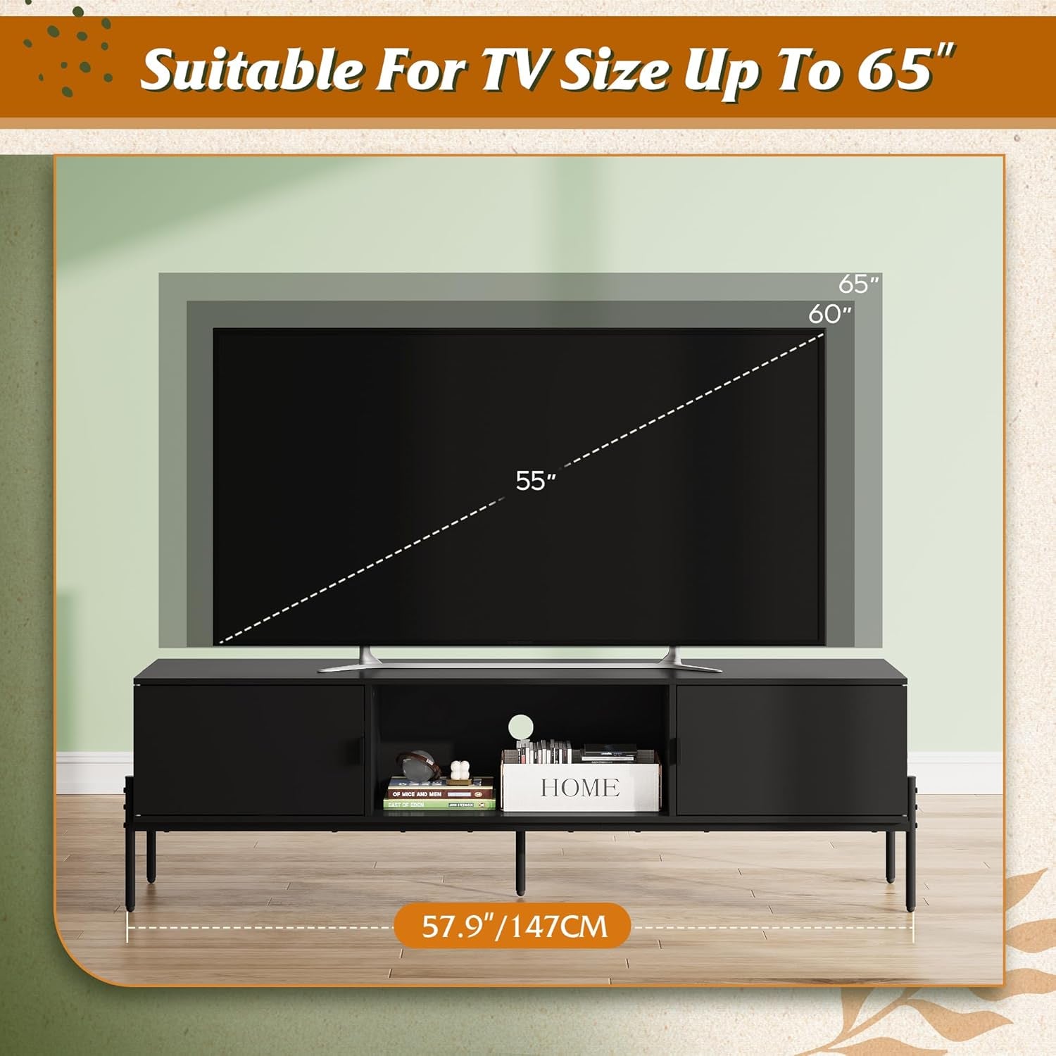 Modern TV Stand for 65 Inch TV, Mid Century Entainment Center with Storage, TV Console with Open Shelf and 2 Cabinets for Bedroom and Living Room, TV Cabinet with Metal Legs, Black