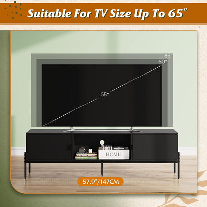 TV Stand for 65 Inch TV, Mid Century Modern Entainment Center with 2 Storage Cabinets & Open Shelf, TV Console Table Media with Metal Legs for Living Room, Bedroom, Black