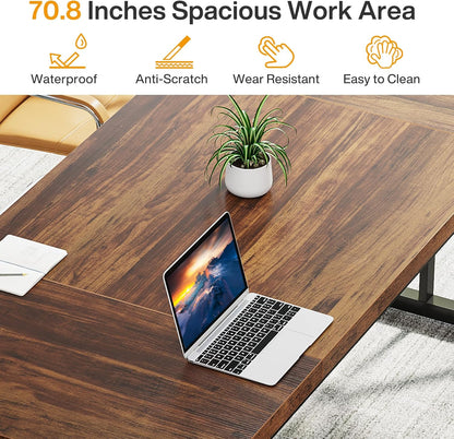70.8-Inch Executive Desk, Large Computer Office Desk Workstation, Modern Simple Style Laptop Desk Study Writing Table Business Furniture for Home Office (Brown/Black, 70.8 Inch)