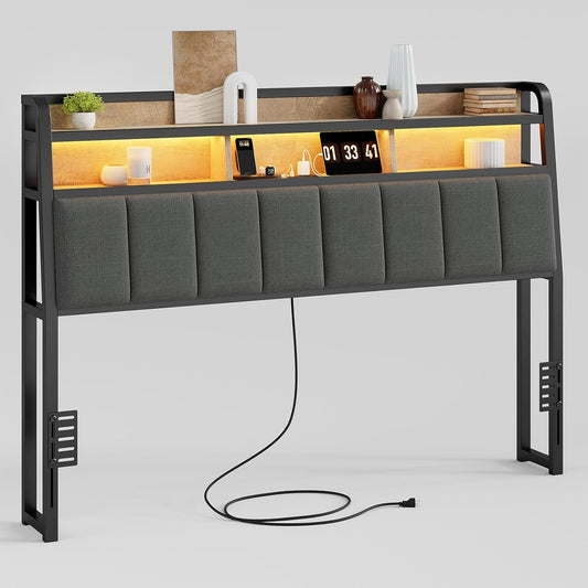 Ergonomic Headboard for Queen Size Bed with 2-Tier Storage, Upholstered Headboard with Outlets, USB Ports, LED Light, Queen Head Board Only, Height Adjustable, Sturdy and Stable, Black & Brown